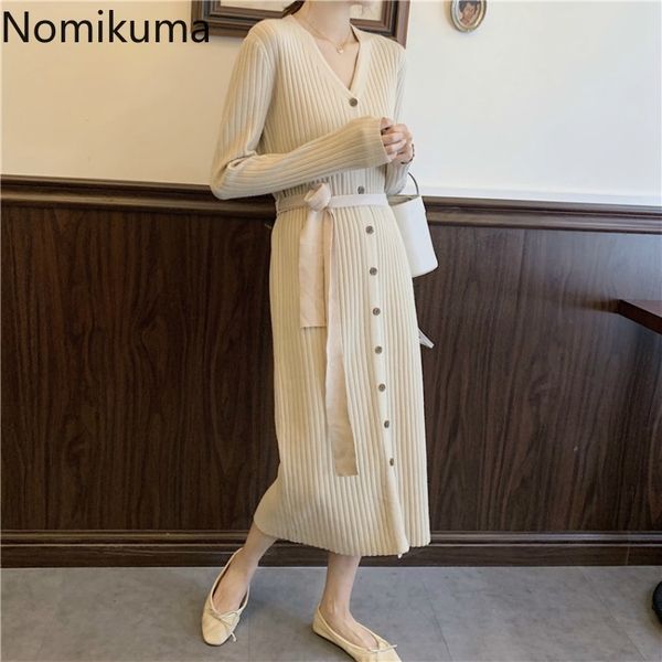 

nomikuma autumn sweater dress women v neck long sleeve elegant knitted dresses female sash lace up vestidos mujer 3c864 210514, Black;gray