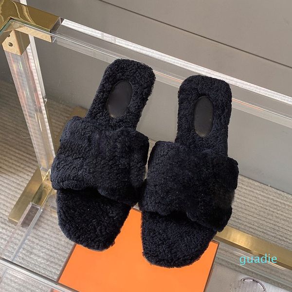

fashion-designer women wool slippers winter and autumn fur fluffy leather flat bottom slipper warm comfortable plush girls flip flop, Black
