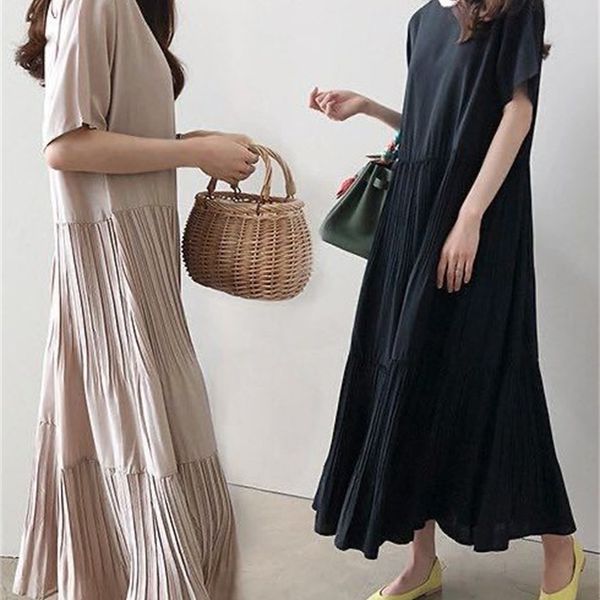 

dresses 2021 new summer women's solid round neck art cotton hemp loose pleated short sleeve dress, Black;gray