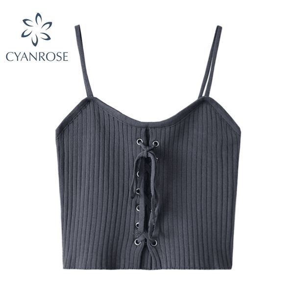 

gray crop camisole women summer spaghetti strap rok e-girl drawstring lace-up bodycon party club bar solid camis 210515, White