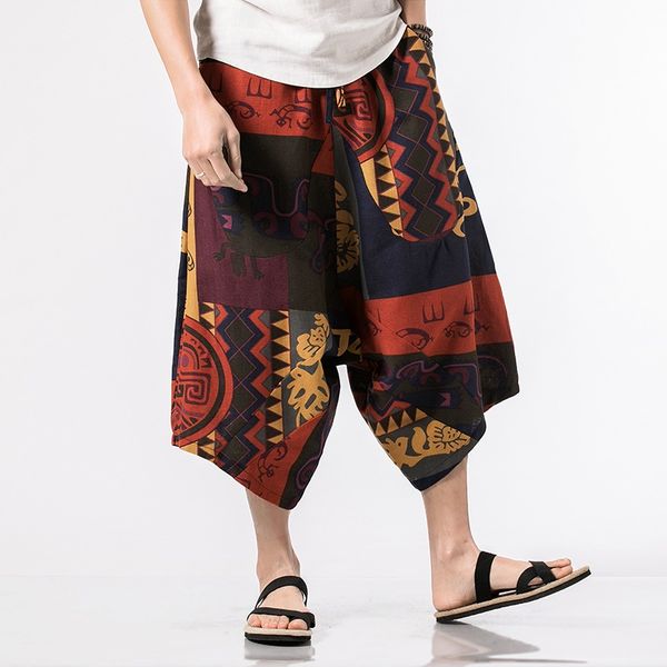 

2021 summer chinese pants man wide leg japanese trousers linen baggy hippie pants men kimono pants online chinese store 10628, Red