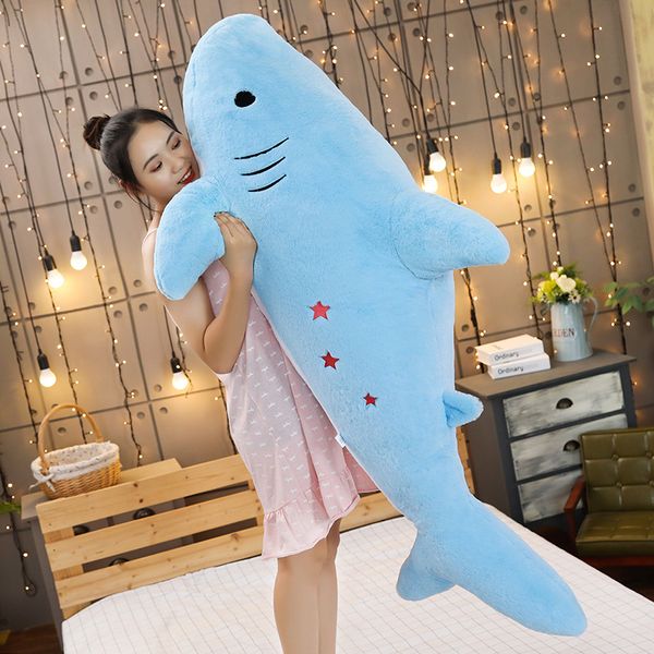

50120cm fuzzy long plush shark doll pp cotton stuffed giant whale ocean animal stars embroidered grey pink blue children gift