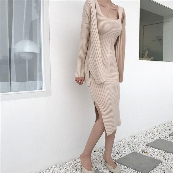 

women's two piece pants 2021 winter women cardigan sweater mid dress suit solid sets fashion long sleeve knitted outfits, White