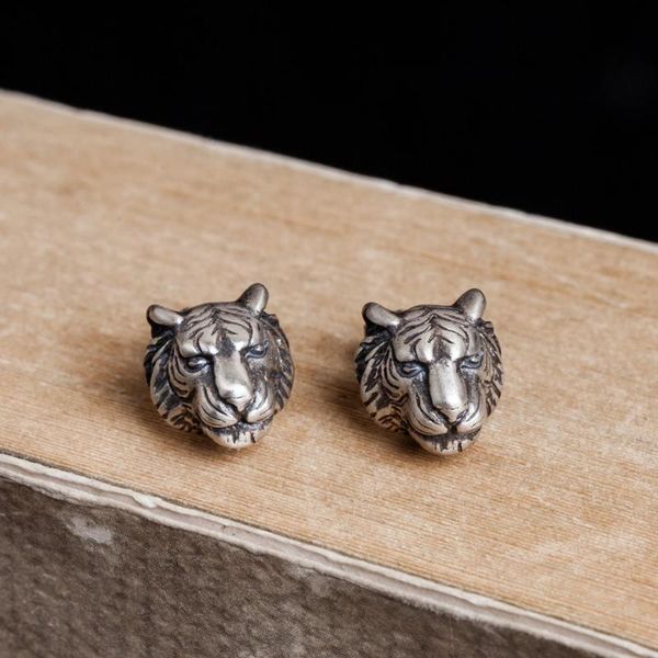 

stud 925 sterling silver tiger head earrings women men vintage party wedding jewelry for girls punk, Golden;silver