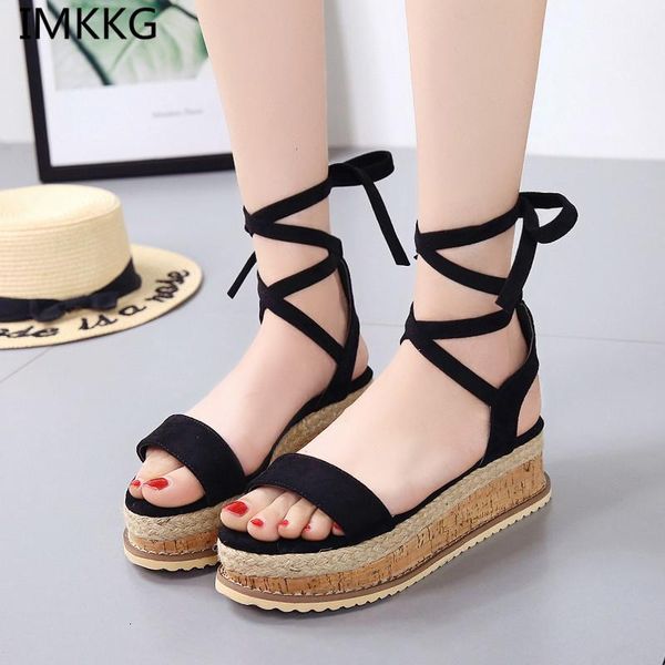 

summer women platform sandals open toe gladiator lace up wedge espadrilles q149, Black