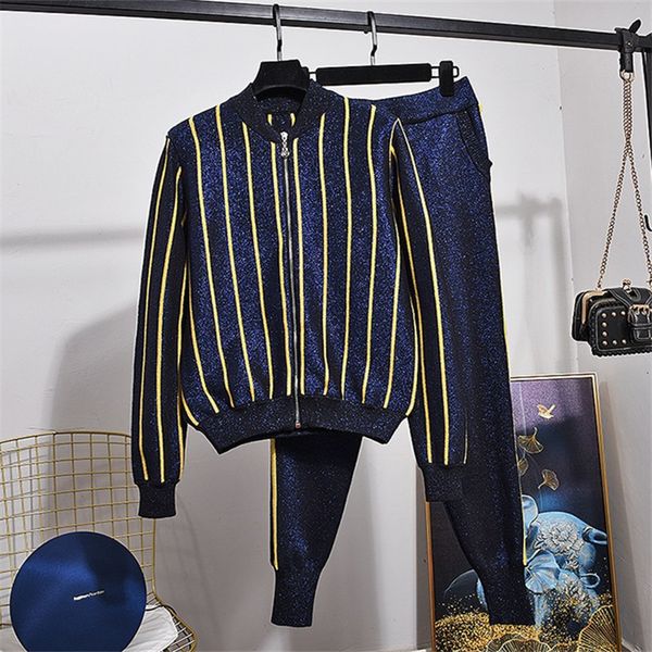

women's two piece pants autumn fashion navy knitted tracksuit women outfits striped cardigan sweater long set female loose knittin, White