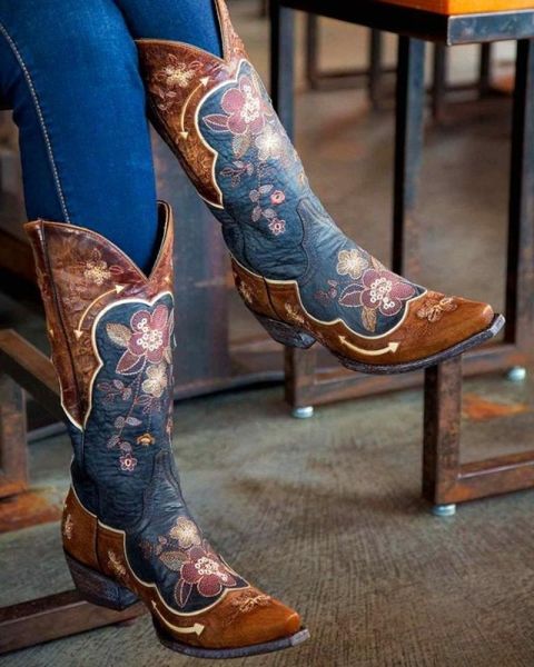 

boots est fashion ladies floral prited embroidery mid-calf women's retro distressed western cowgirl casual shoes, Black