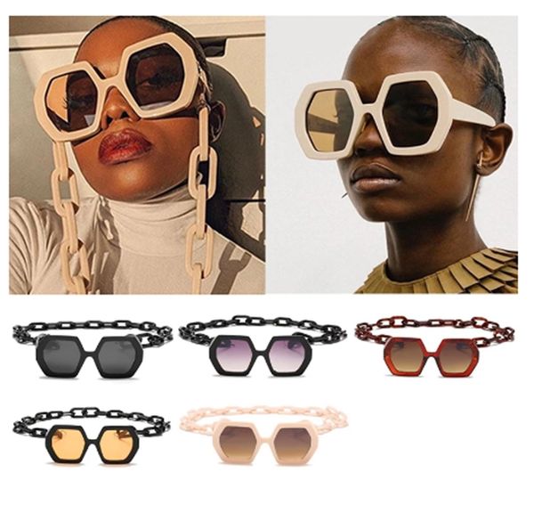 Großhandel übergroße beige Polygon-Sonnenbrillen mit Kette Paris Fashion Week Sonnenbrillen mit großem Rahmen für Damen und Herren, Bulk-Brillen