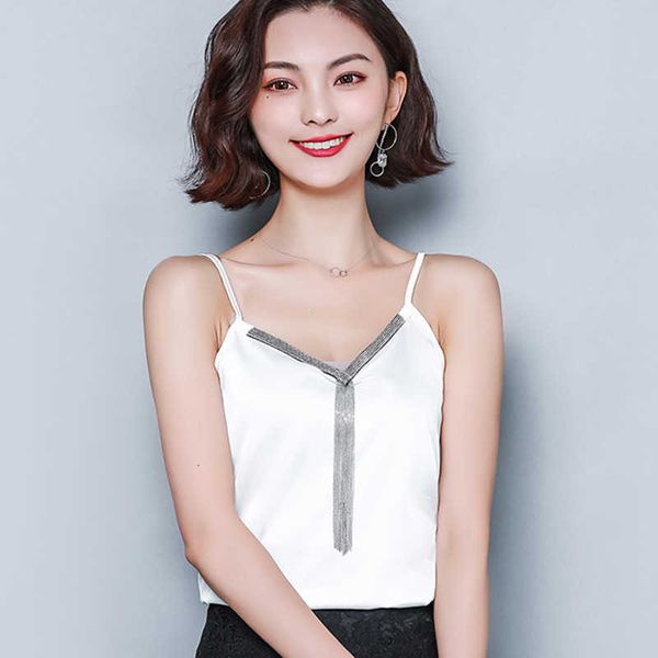 

korean silk women summer woman satin v-neck camis solid tees sleeveless tassel halter 210531, White
