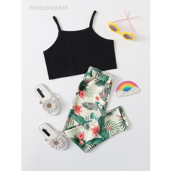 

1-6y summer fashion kids girls clothes sets 2pcs solid strap sleeveless vest flowers long pants clothing, White