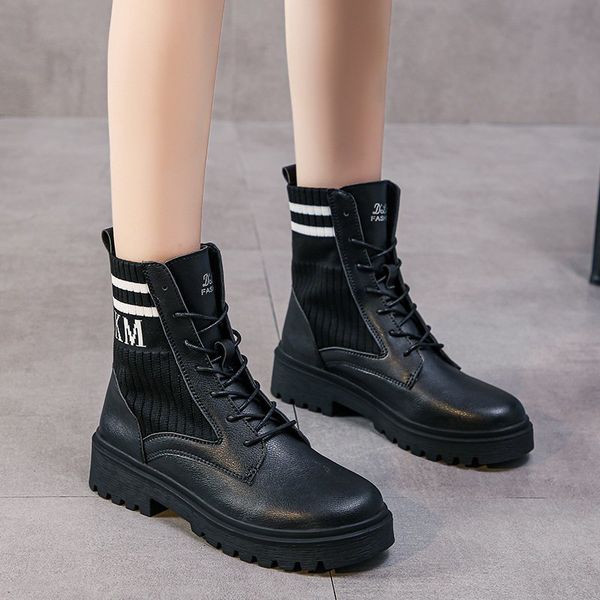 

boots women's short barrel boots, women's shoes autumn solid color and black with shoelaces, plus size cv0w