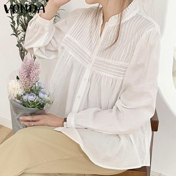 

women's blouses & shirts women pleated vonda 2021 spring long sleeve solid color summer blusas femininas elegant lace neck button up b, White