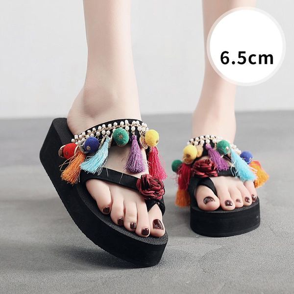 

elegant chain high-heeled slippers women wear sets of feet sandals retro ethnic wind seaside beach vacation travel flip flops, Black