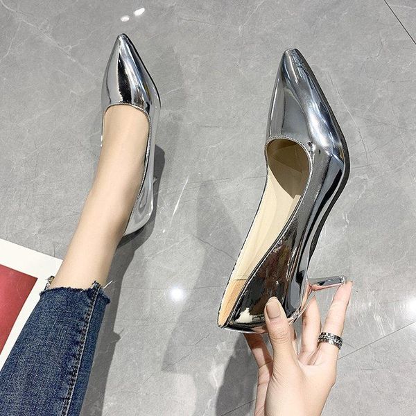 

dress shoes women's 2021 spring autumn high heels pumps pointed toe luxury lady gold silver office valentine plus size, Black