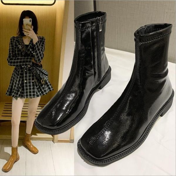 

boots 2021 autumn women fashion leather square side zipper thick plus fleece short light warm wear-resistant, Black