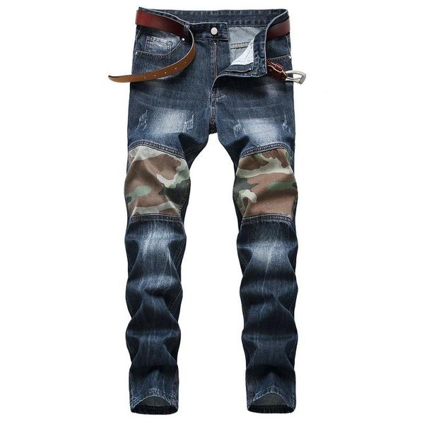 

men's jeans fashion personality camouflage stitching trendy pants patchwork casual plus size denim men, Blue