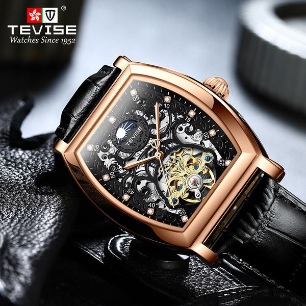 

tevise automatische mechanische horloge man hollow zirkoon schaal business leisure heren tonneau lederen luxe 2021, Slivery;brown