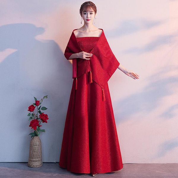 

ethnic clothing 2021 women evening party dress solid red scarf wedding marriage dressing gown large size xxxl stage show cheongsam gowns