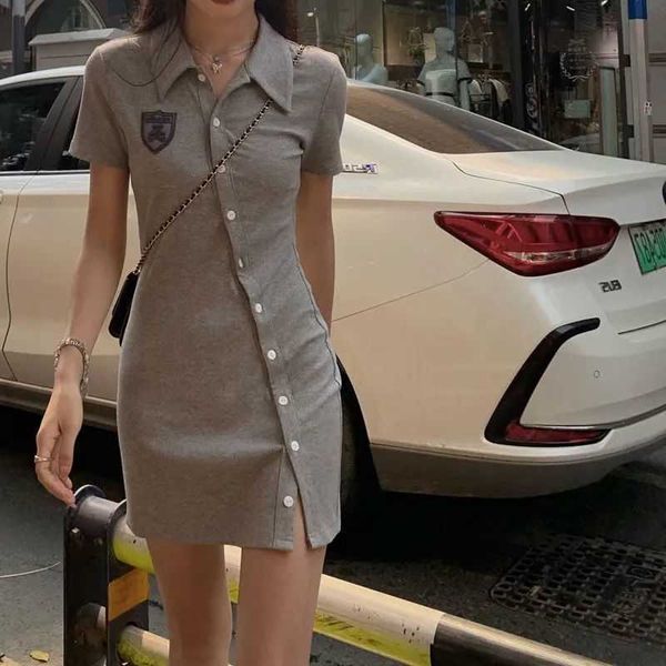 

buttock french bag polo collar dress women's summer slant button grey single breasted age reducing temperament skirt with thin waist, Black;gray