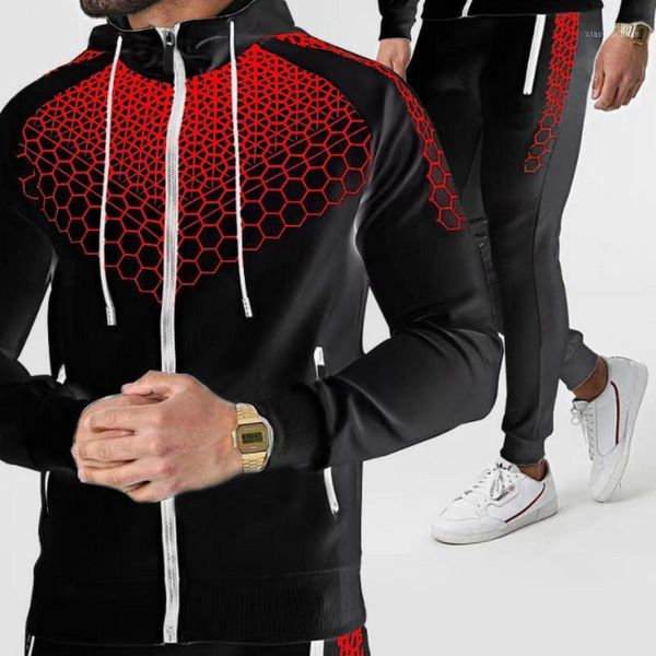 

men's hoodies & sweatshirts 2021 brand men tracksuit 2 piece and pants mens zippered sweat suits set print plus size jogger sets for c, Black