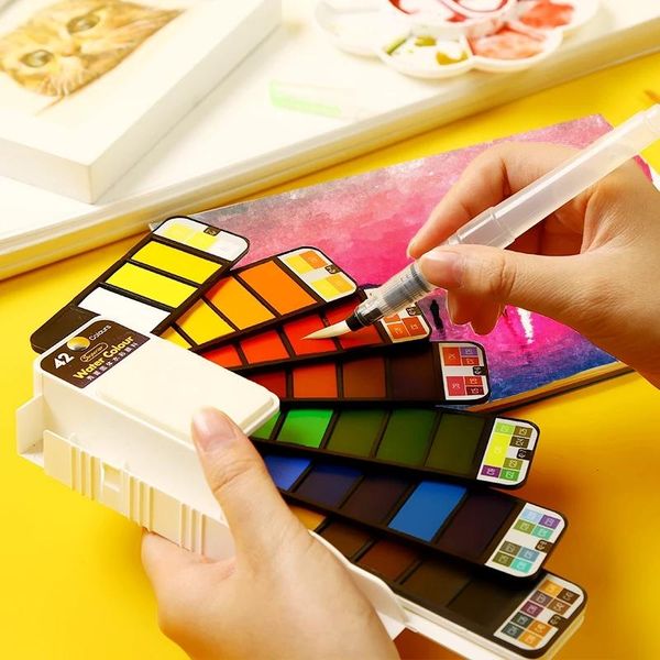 

18/25/33/42 color superior solid watercolor paint set with water brush pen foldable pigment drawing supplies gift sets