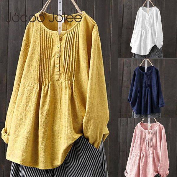 

women's blouses & shirts jocoo jolee women vintage solid cotton and linen blouse casual autumn long sleeve o neck button loose oversize, White