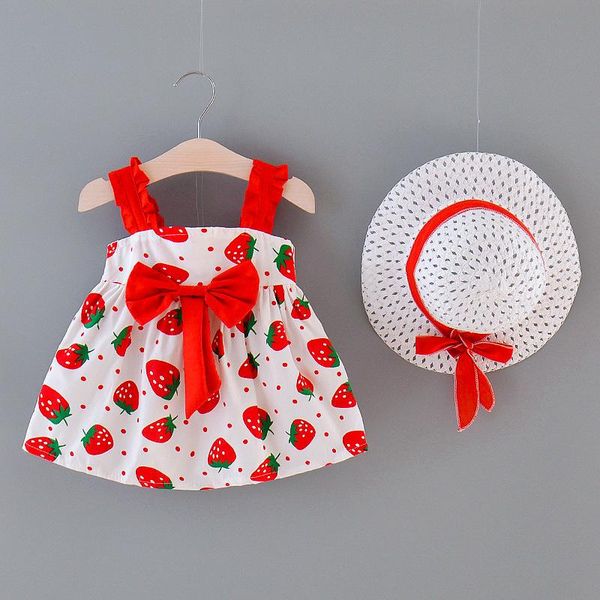 

girl's dresses children's clothing girls' 2021 summer strawberry print bow lace suspenders skirts with hats 6-36m, Red;yellow