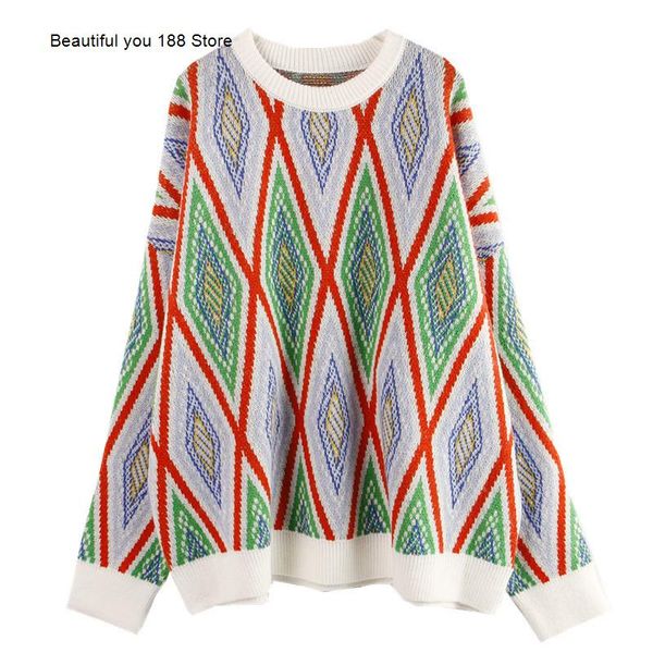 

women's sweaters national style geometric color contrast lazy sweater for women 2021 korean loose thin fashion, White;black