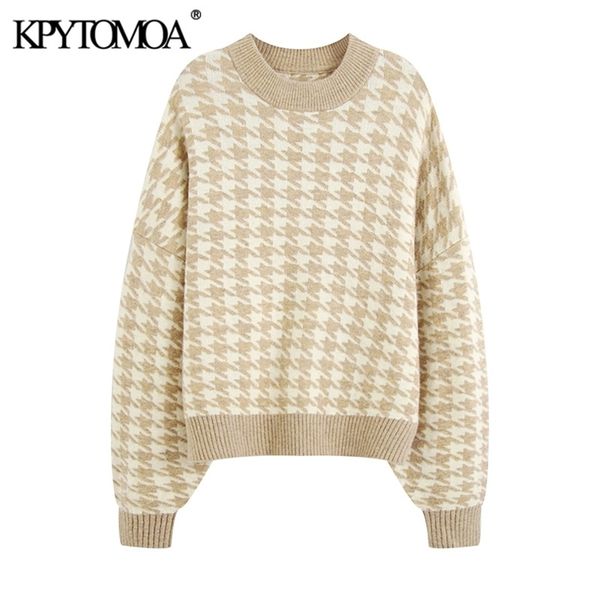 

women fashion oversized jumper houndstooth knitted sweaters long sleeve loose female pullovers chic 210420, White;black