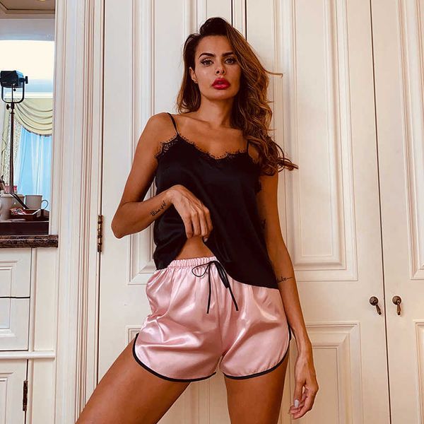 

sleepwear silk like women's summer sleeveless home wear casual comfortable suspender suit, Black;red