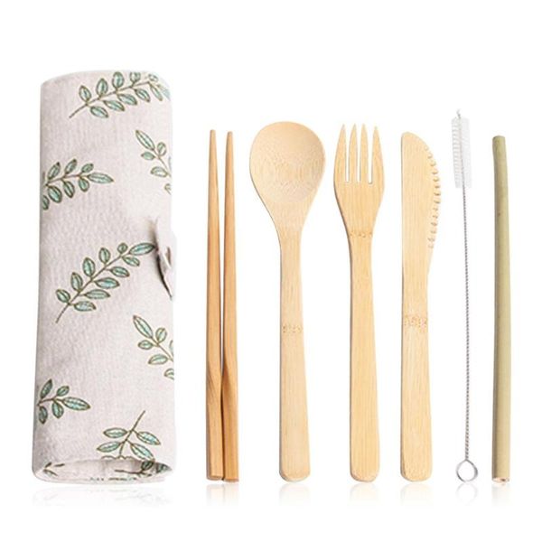 

7pcs portable bamboo utensils travel cutlery set eco-friendly wooden outdoor zero waste dinnerware sets