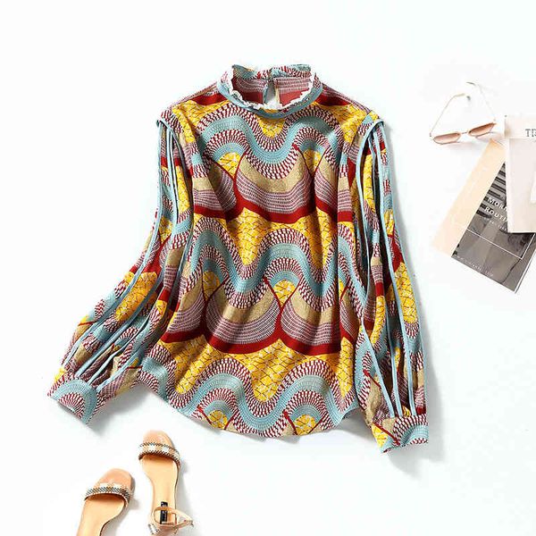 

women's blouses & shirts shenzhen nanyou high end women's wear spring silk printed long sleeve shirt mulberry stand collar blouse, White