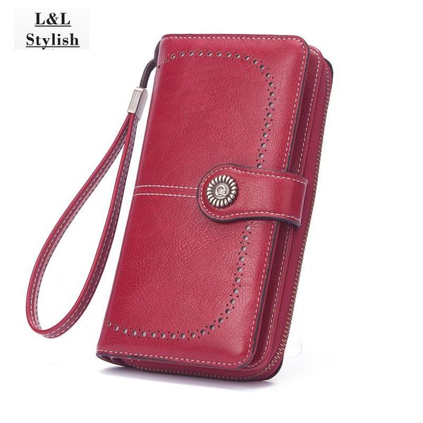 

wallets l&lstylish women clutch leather wallet female long zipper purse strap money mobile phone large note oil pickup bag, Red;black