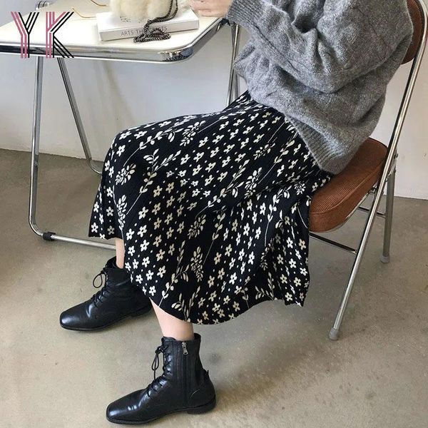 

skirts fashion floral print skirt for women elastic high waist pleated spring winter plus size midi long female saias, Black