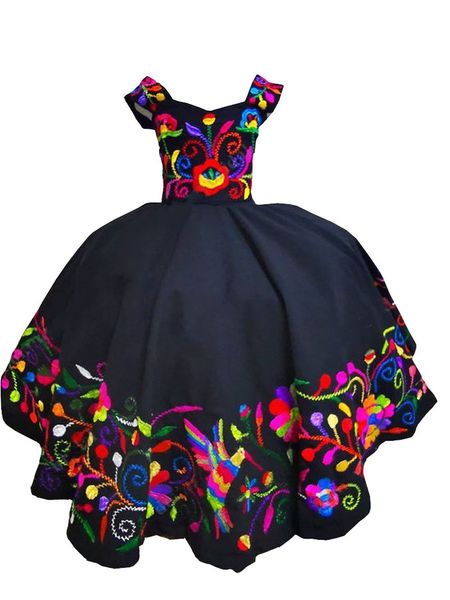 2022 süße schwarze Mini-Quinceanera-Festzug-Kleider mit Vinatge-Stickerei, schulterfreies Satin-Ballkleid, bauschiges Abschlusskleid für kleine Mädchen für besondere Anlässe