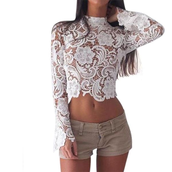 Moda Branco Crochet Lace Bluses Primavera Outono Turtleneck Manga Longa Camisa Sexy Floral Trim ver através de Blusas Mujer 210517