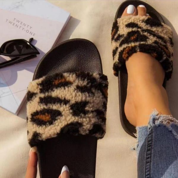 

slippers 2022 women leopard print single layer fur back straps versatile durable sandals outdoor ladies shoes fashion, Black