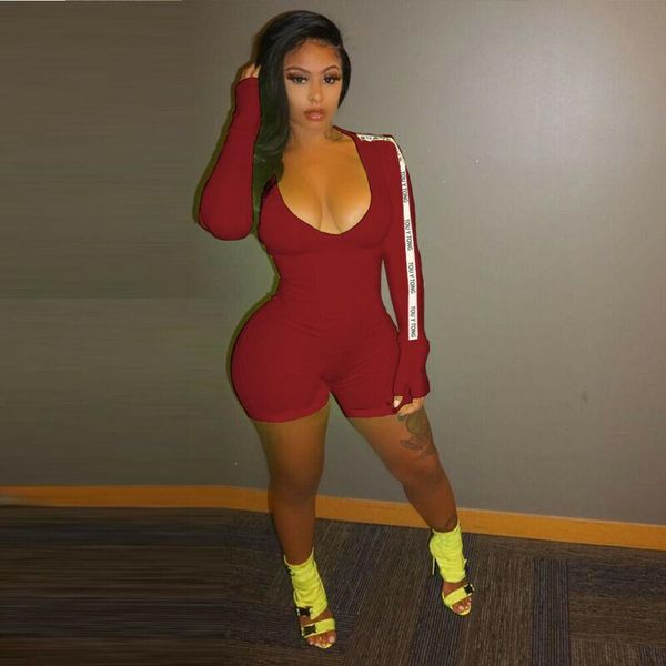 

women's jumpsuits & rompers fashion women long sleeve v neck letter print jumpsuit bodycon playsuit shorts pants casual fitness trouser, Black;white