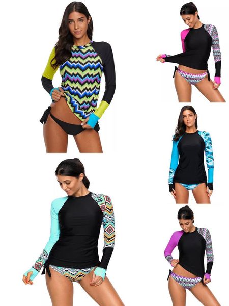 

long sleeve split swimsuit bikini bathing suit women conservative round neck low waist print lace up color match swimwear two-piece suits
