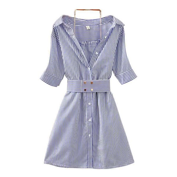 

blue striped turn down collar shirt dress half sleeve hanging neck faketwopieces midi casual match sashes d0901 210514, Black;gray