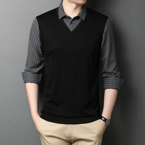 

luxury t-shirts 2021 autumn long sleeve t-shirt korean version self-cultivation leave two bottomed youth lapel men's cloth, Black