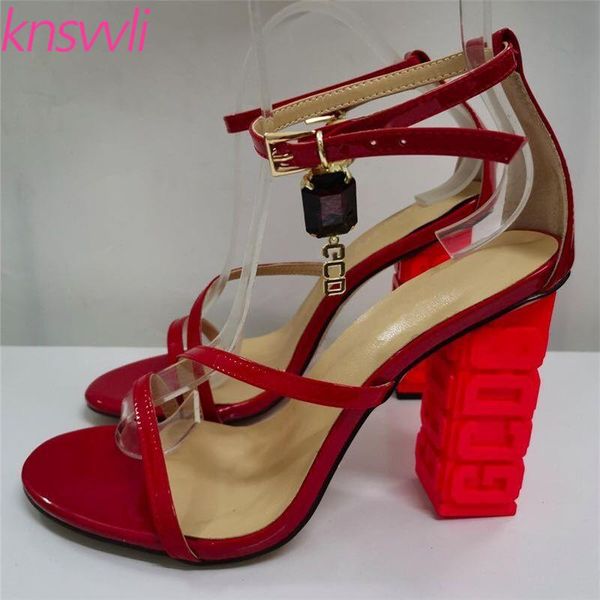 

chunky high heels sandals women red bridal dress shoes woman buckle strap pendant strange style heel sandalias mujer, Black