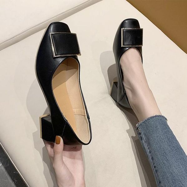 

dress shoes drop women pu leather pumps square toe low heel office ladies shallow slip on casual female 2021 fashion, Black