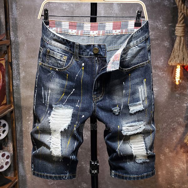 Marca estilo retrô estilo rasgado shorts jeans 2021 verão moda casual buraco remendo jean calças de cinco pontos macho roupas