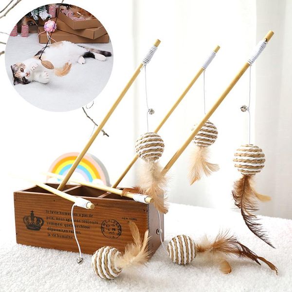 

cat toys 40cm wood teaser rod interactive funny feather wand linen knitted stick with bell kitten catcher chaser pet supplies