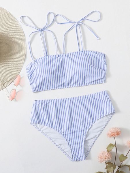 

plus striped tie shoulder bikini swimsuit h9ww#, Black