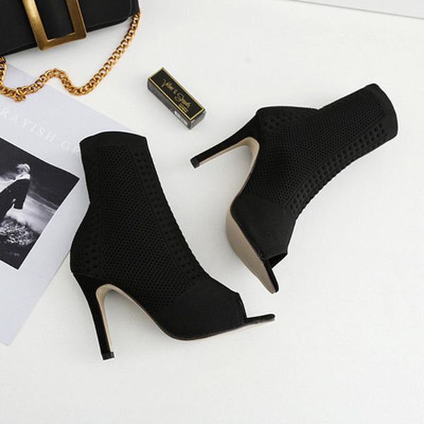 

sandals 2022 beige green ladies open toe short boots elastic small hole hollow out breathable dress women pumps, Black