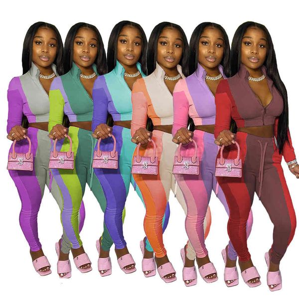 

women's two piece pants 2021 fashionable multi color splicing sports and leisure sets tracksuits long sleeve trousers sportwear su, White