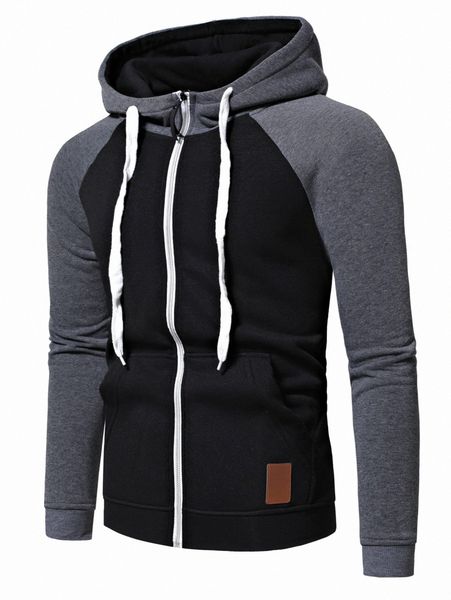 

men colorblock patched detail raglan sleeve drawstring zipper hoodie w5g6#, Black