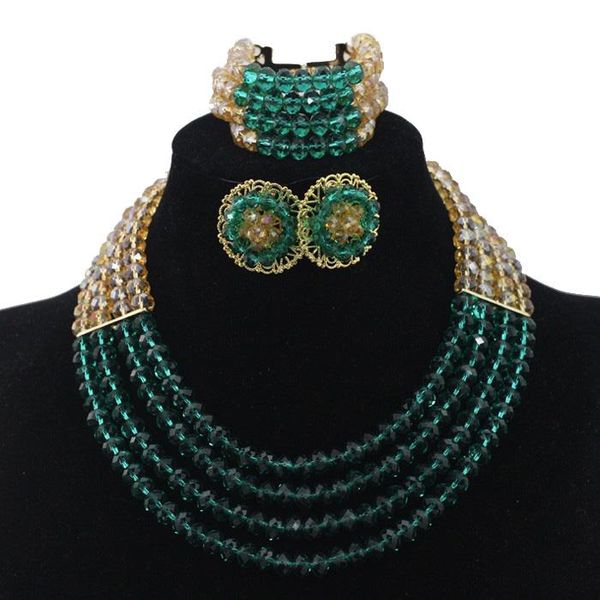 

earrings & necklace beautiful teal green and chunky african beads jewelry set gold crystal beaded dubai stud qw097, Silver